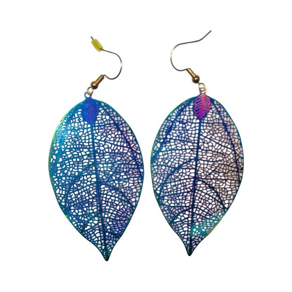 Iridescent Leaf Skeleton Dangle Earrings With Fishhook Closure -Lightweight Boho - Picture 3 of 7